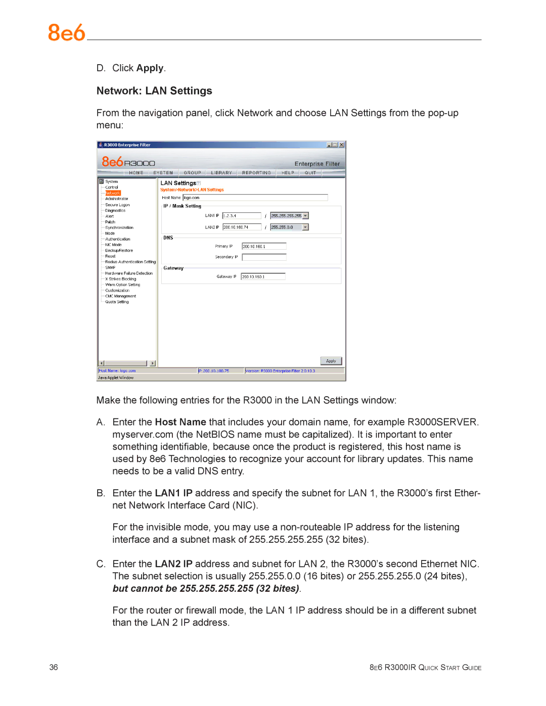 8e6 Technologies R3000IR quick start Network LAN Settings 