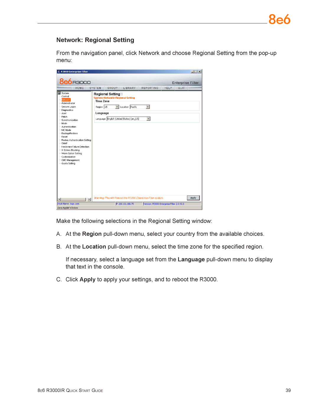 8e6 Technologies R3000IR quick start Network Regional Setting 