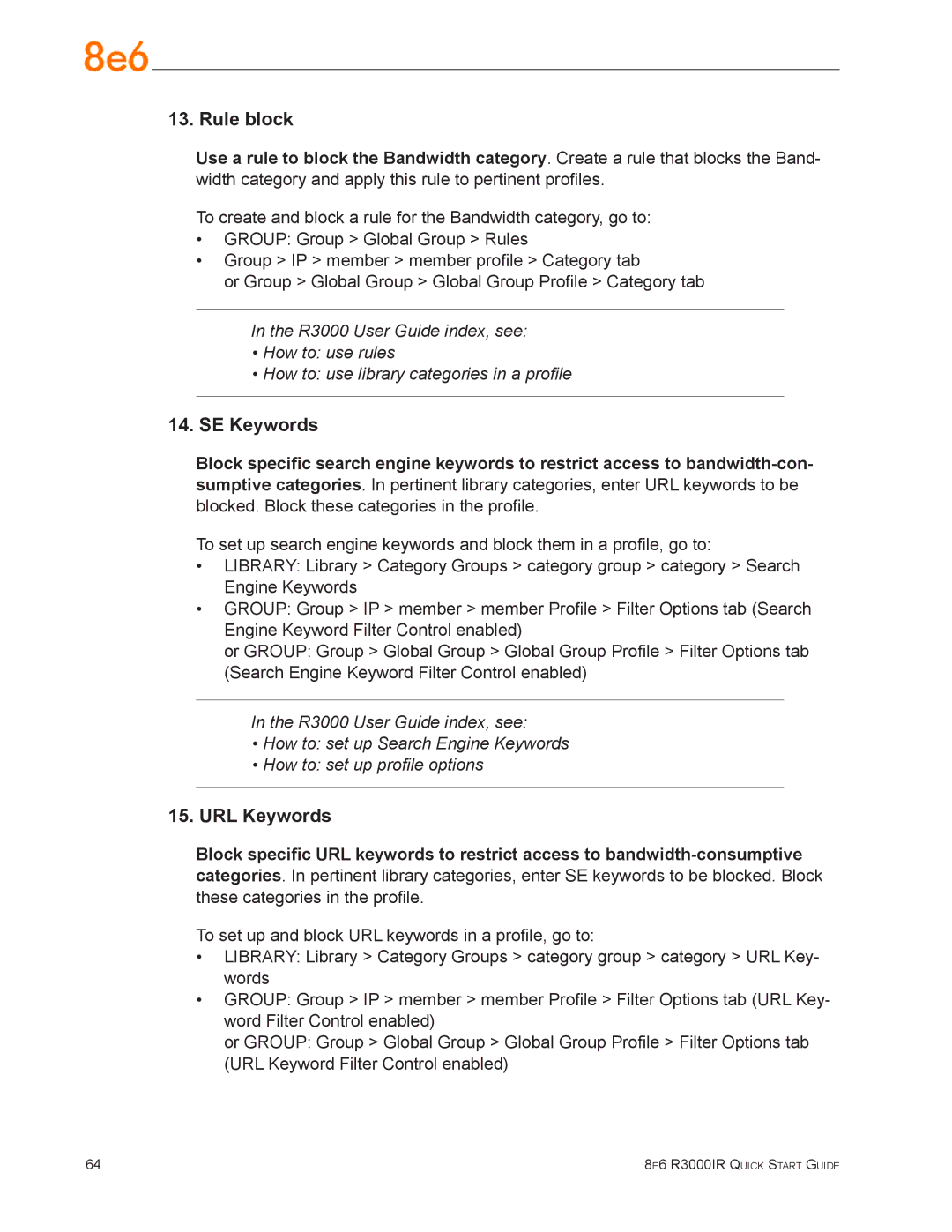 8e6 Technologies R3000IR quick start Rule block, SE Keywords 