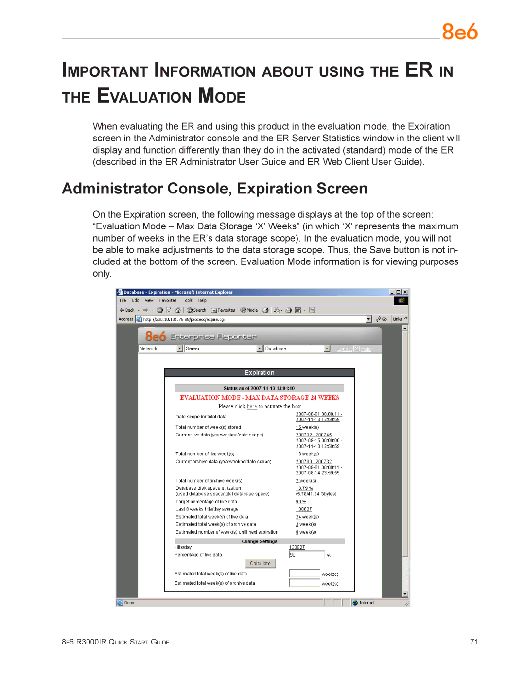 8e6 Technologies R3000IR quick start Administrator Console, Expiration Screen 