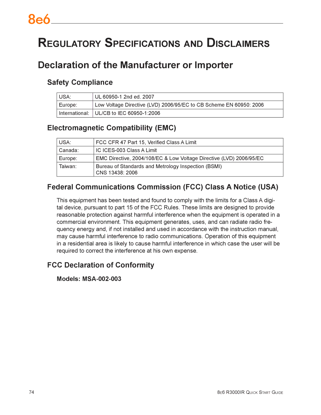 8e6 Technologies R3000IR Declaration of the Manufacturer or Importer, Safety Compliance, Electromagnetic Compatibility EMC 