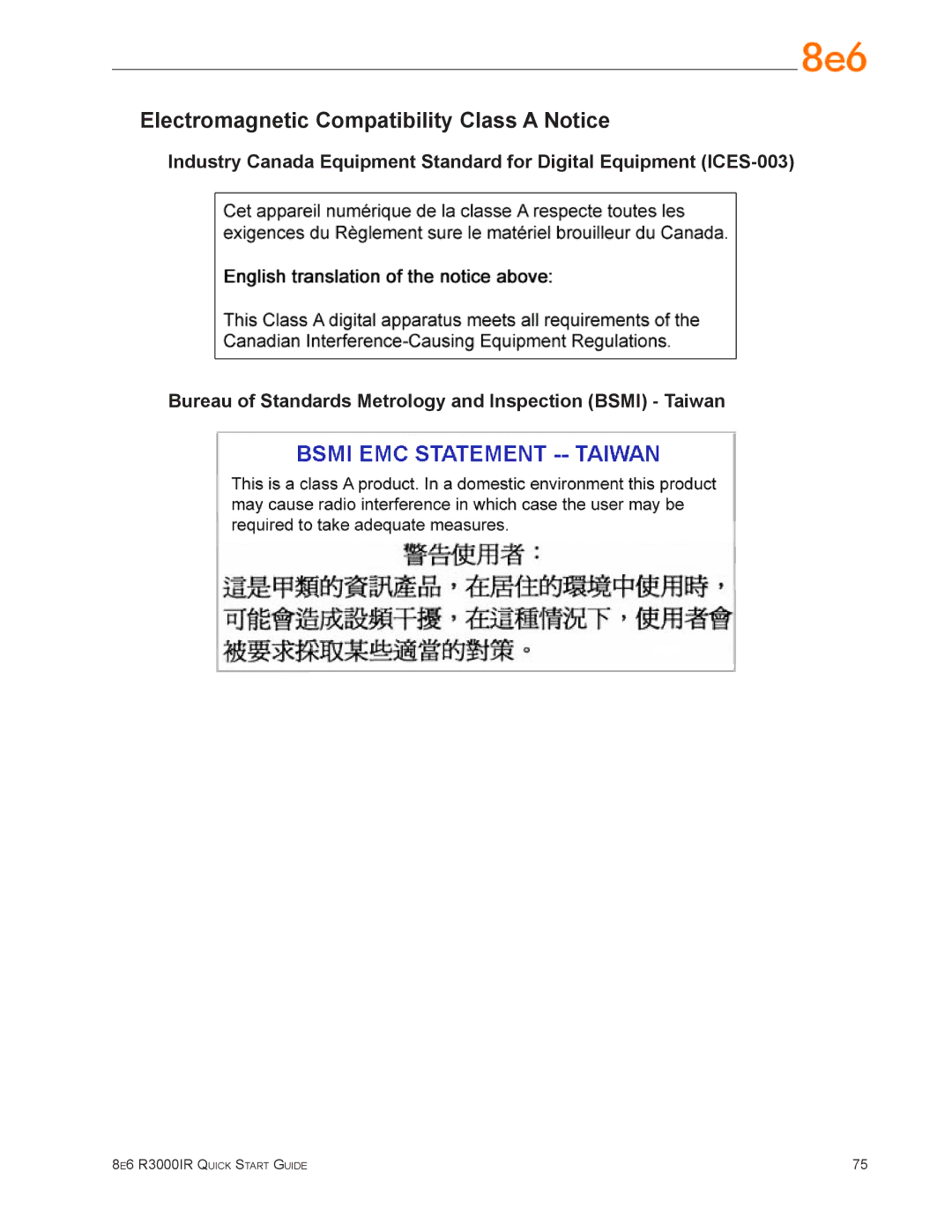 8e6 Technologies R3000IR quick start Electromagnetic Compatibility Class a Notice 