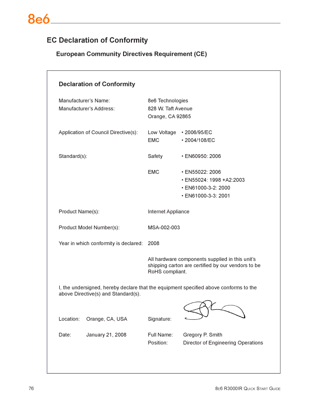 8e6 Technologies R3000IR quick start EC Declaration of Conformity 