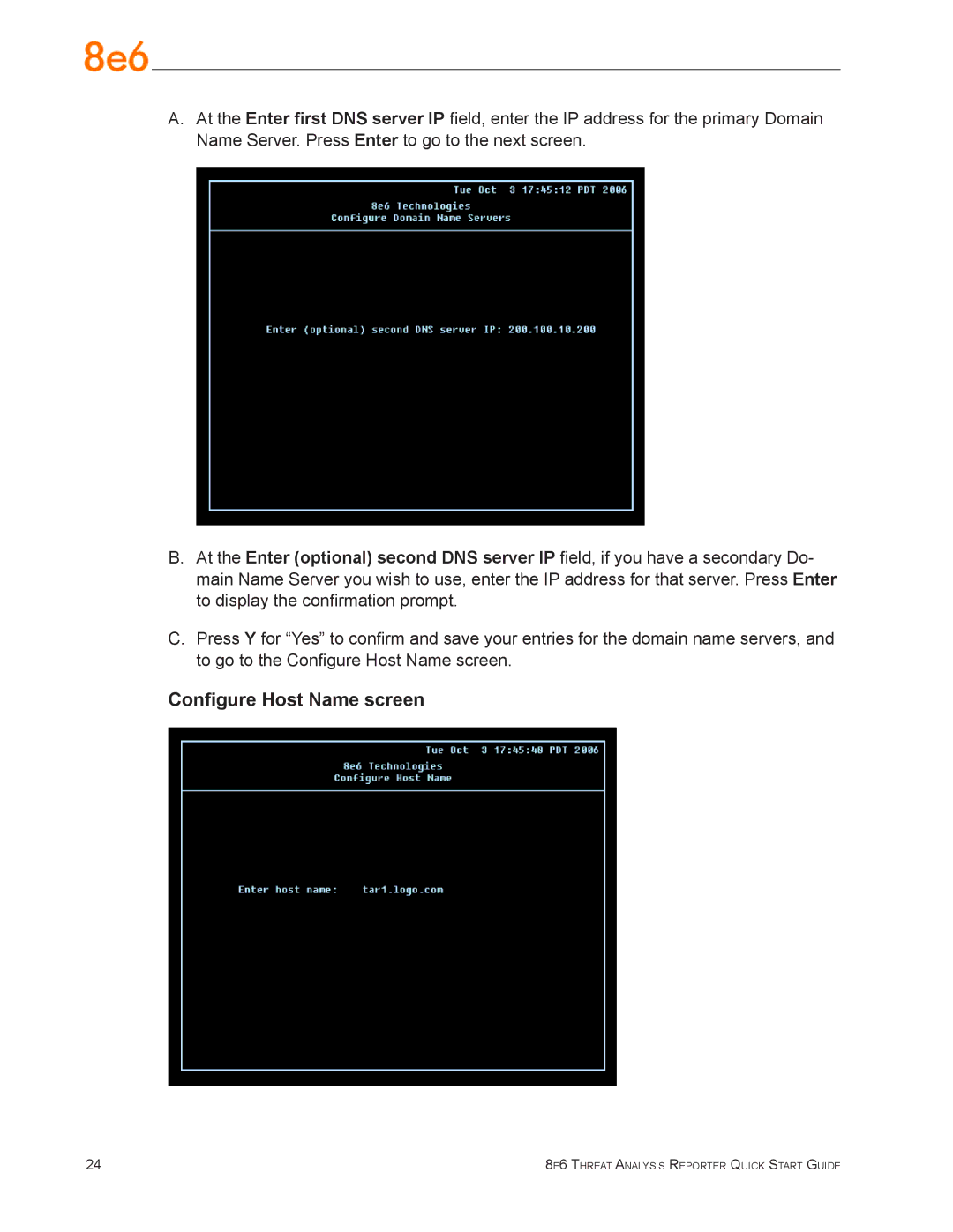 8e6 Technologies TAR 1.0 quick start Configure Host Name screen 