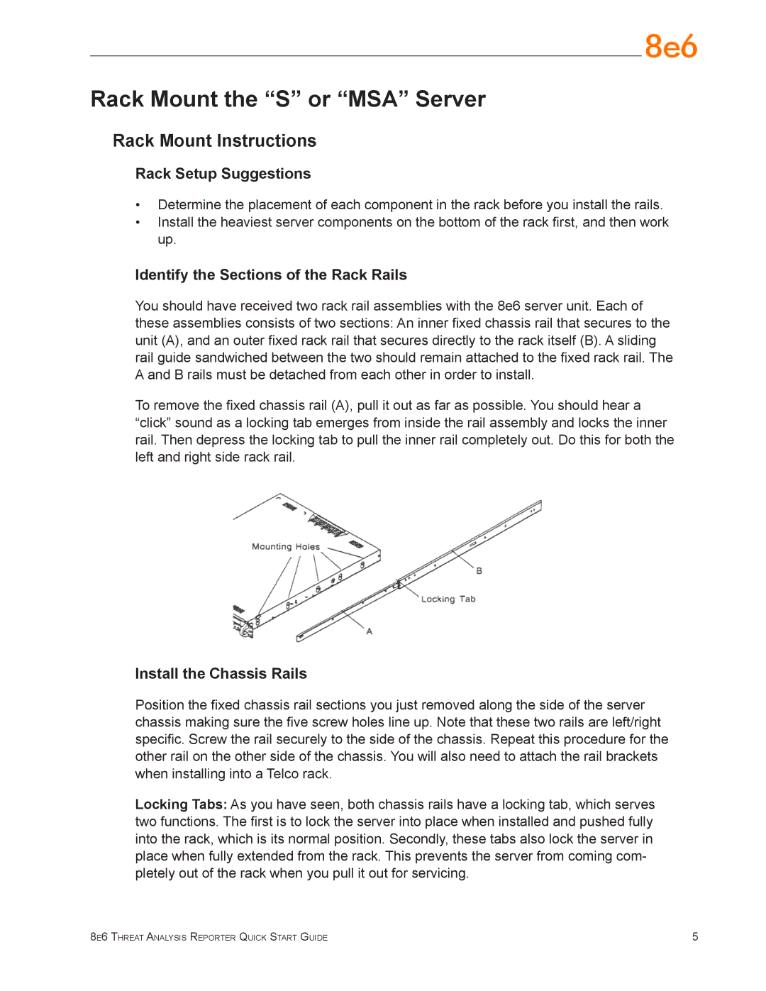 8e6 Technologies TAR 1.0 quick start Rack Mount the S or MSA Server, Rack Mount Instructions, Rack Setup Suggestions 