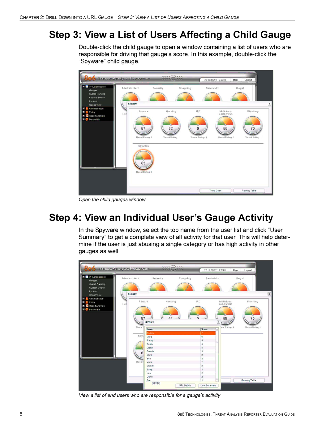 8e6 Technologies TAR HL/SL/MSA View a List of Users Affecting a Child Gauge, View an Individual User’s Gauge Activity 