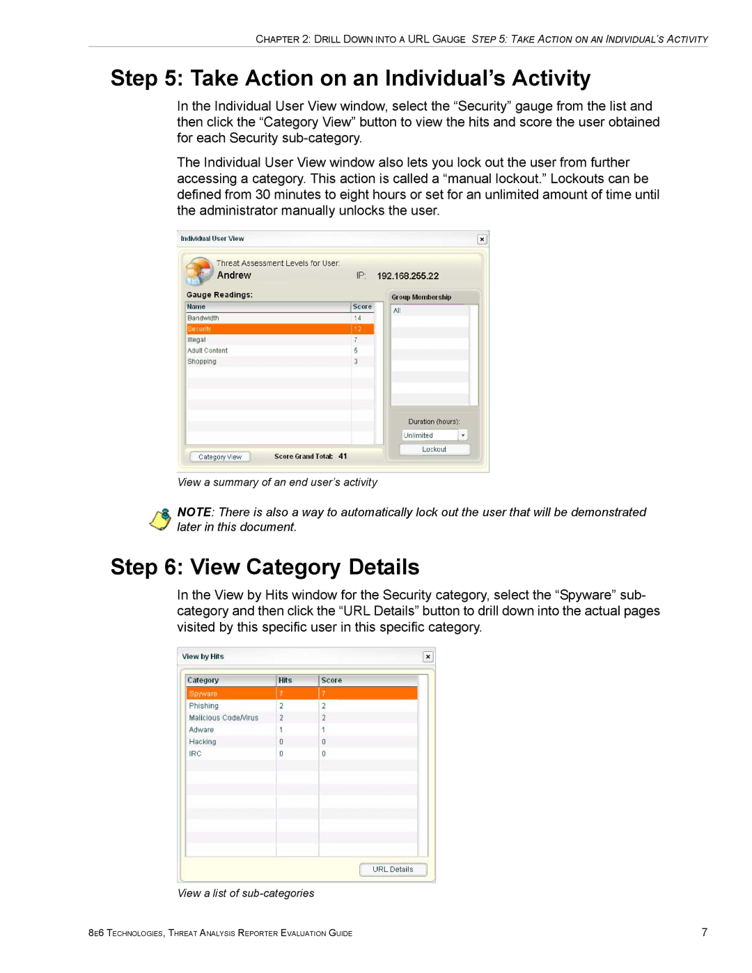 8e6 Technologies TAR HL/SL/MSA manual Take Action on an Individual’s Activity, View Category Details 