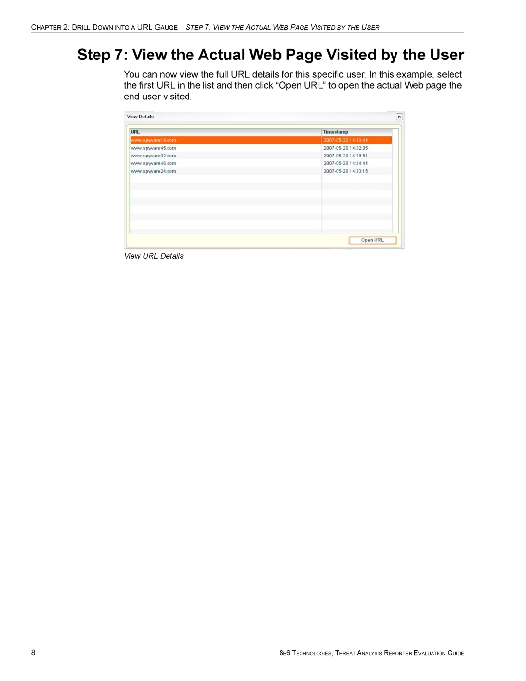 8e6 Technologies TAR HL/SL/MSA manual View the Actual Web Page Visited by the User, View URL Details 