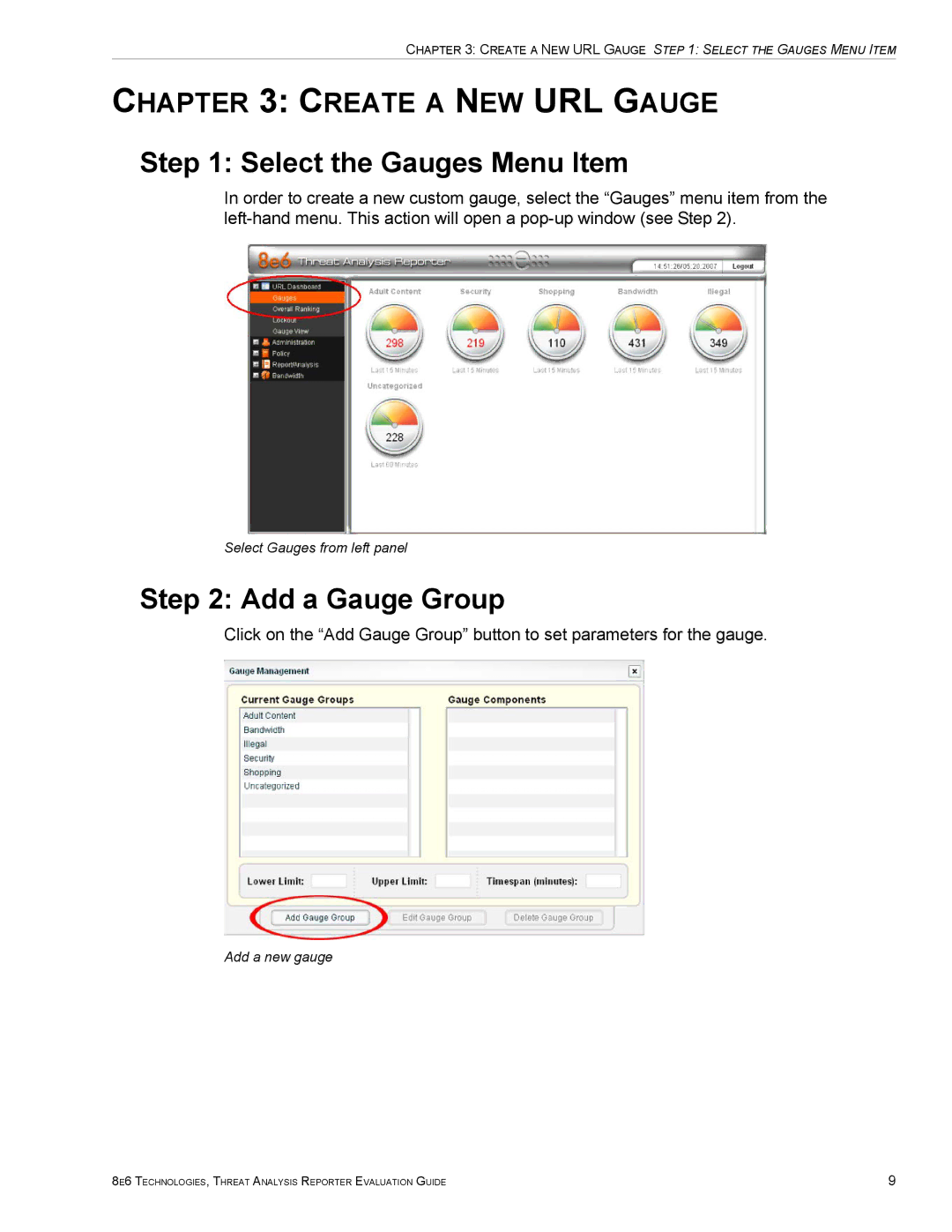 8e6 Technologies TAR HL/SL/MSA Select the Gauges Menu Item, Add a Gauge Group, Create a NEW URL Gauge, Add a new gauge 