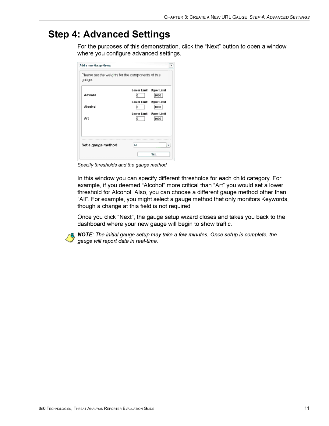 8e6 Technologies TAR HL/SL/MSA manual Advanced Settings, Specify thresholds and the gauge method 