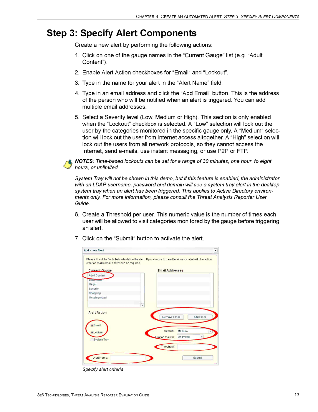 8e6 Technologies TAR HL/SL/MSA manual Specify Alert Components, Specify alert criteria 