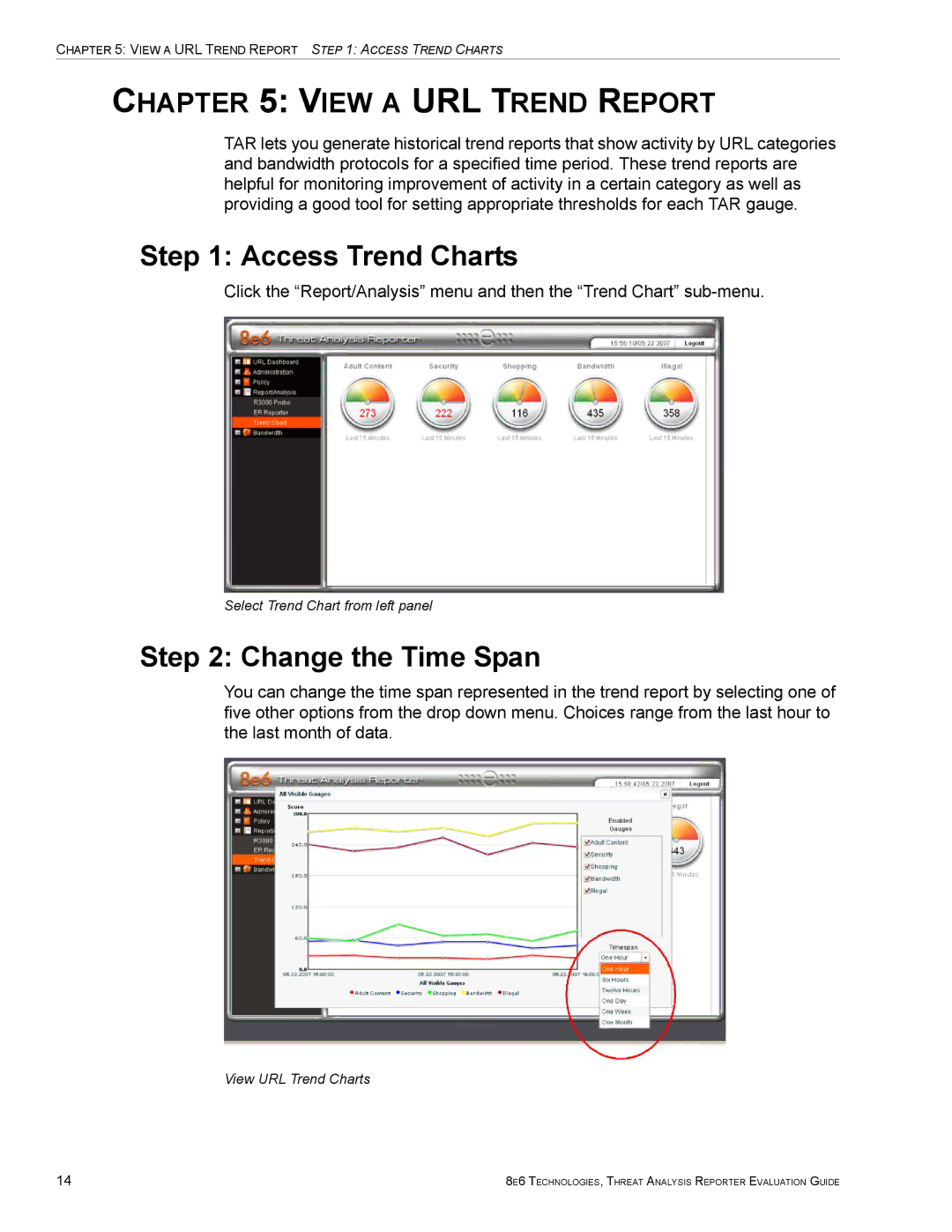 8e6 Technologies TAR HL/SL/MSA Access Trend Charts, Change the Time Span, View a URL Trend Report, View URL Trend Charts 