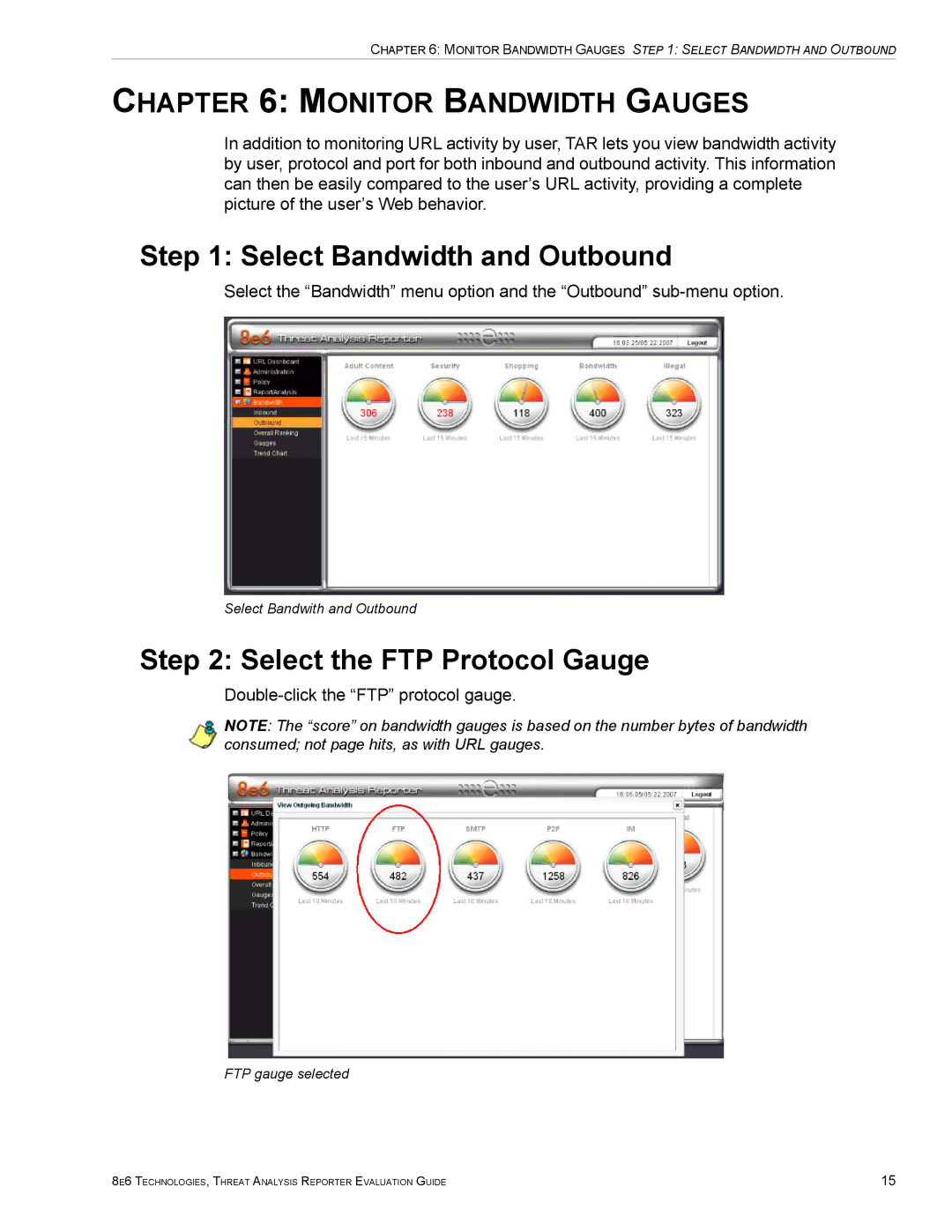 8e6 Technologies TAR HL/SL/MSA Select Bandwidth and Outbound, Select the FTP Protocol Gauge, Monitor Bandwidth Gauges 