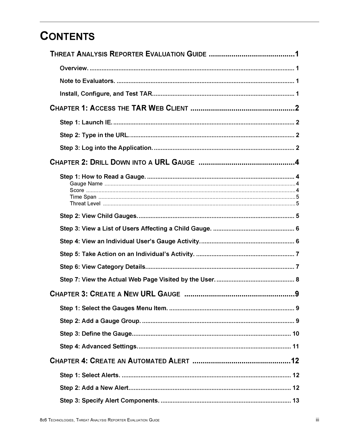 8e6 Technologies TAR HL/SL/MSA manual Contents 