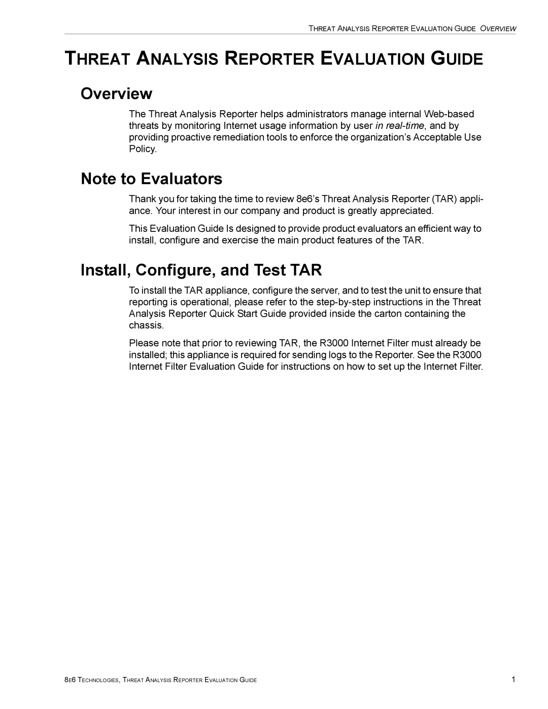 8e6 Technologies TAR HL/SL/MSA manual Overview, Install, Configure, and Test TAR, Threat Analysis Reporter Evaluation Guide 