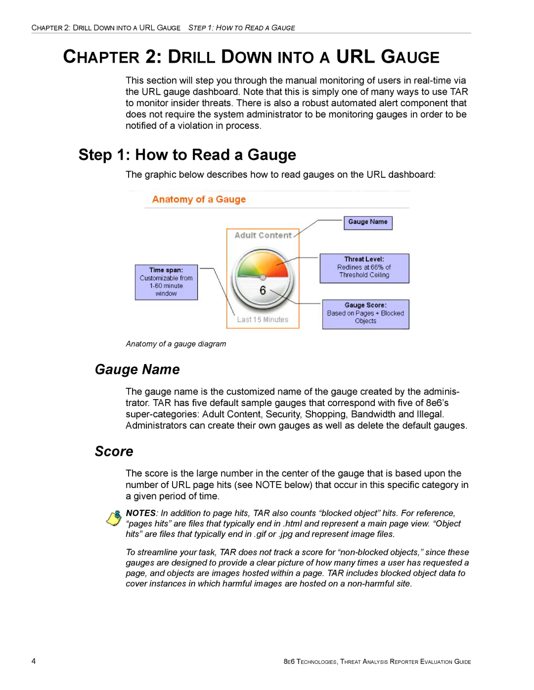 8e6 Technologies TAR HL/SL/MSA manual How to Read a Gauge, Drill Down Into a URL Gauge, Anatomy of a gauge diagram 