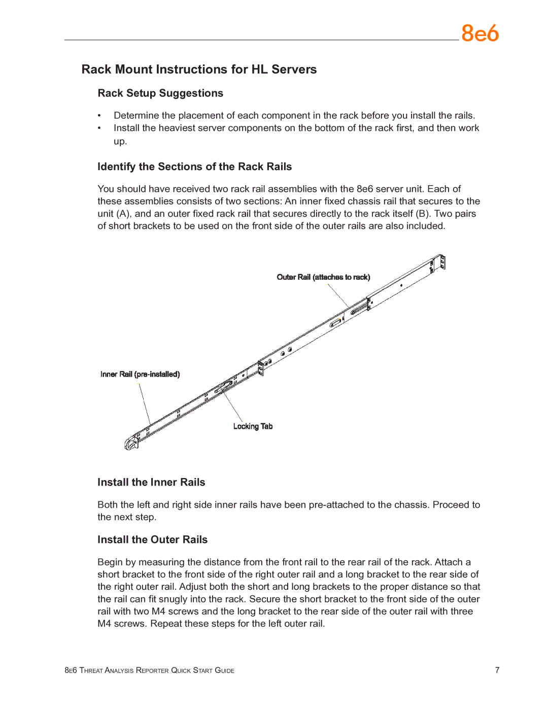 8e6 Technologies TAR quick start Rack Mount Instructions for HL Servers, Rack Setup Suggestions, Install the Inner Rails 