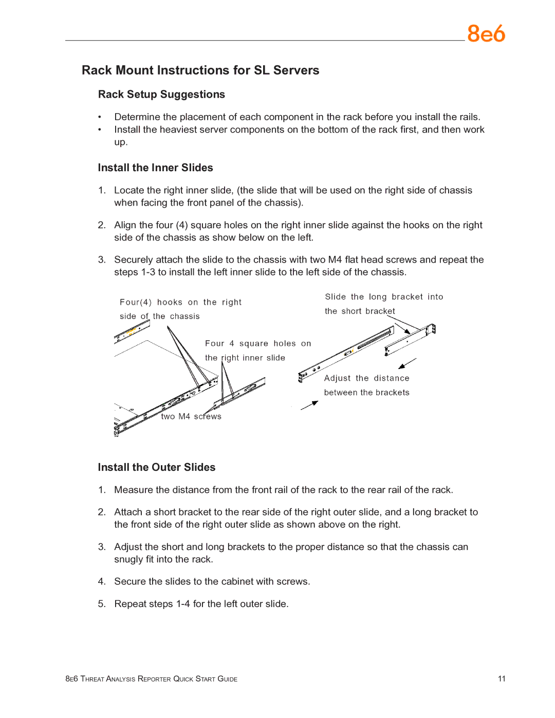 8e6 Technologies TAR quick start Rack Mount Instructions for SL Servers, Install the Inner Slides, Install the Outer Slides 