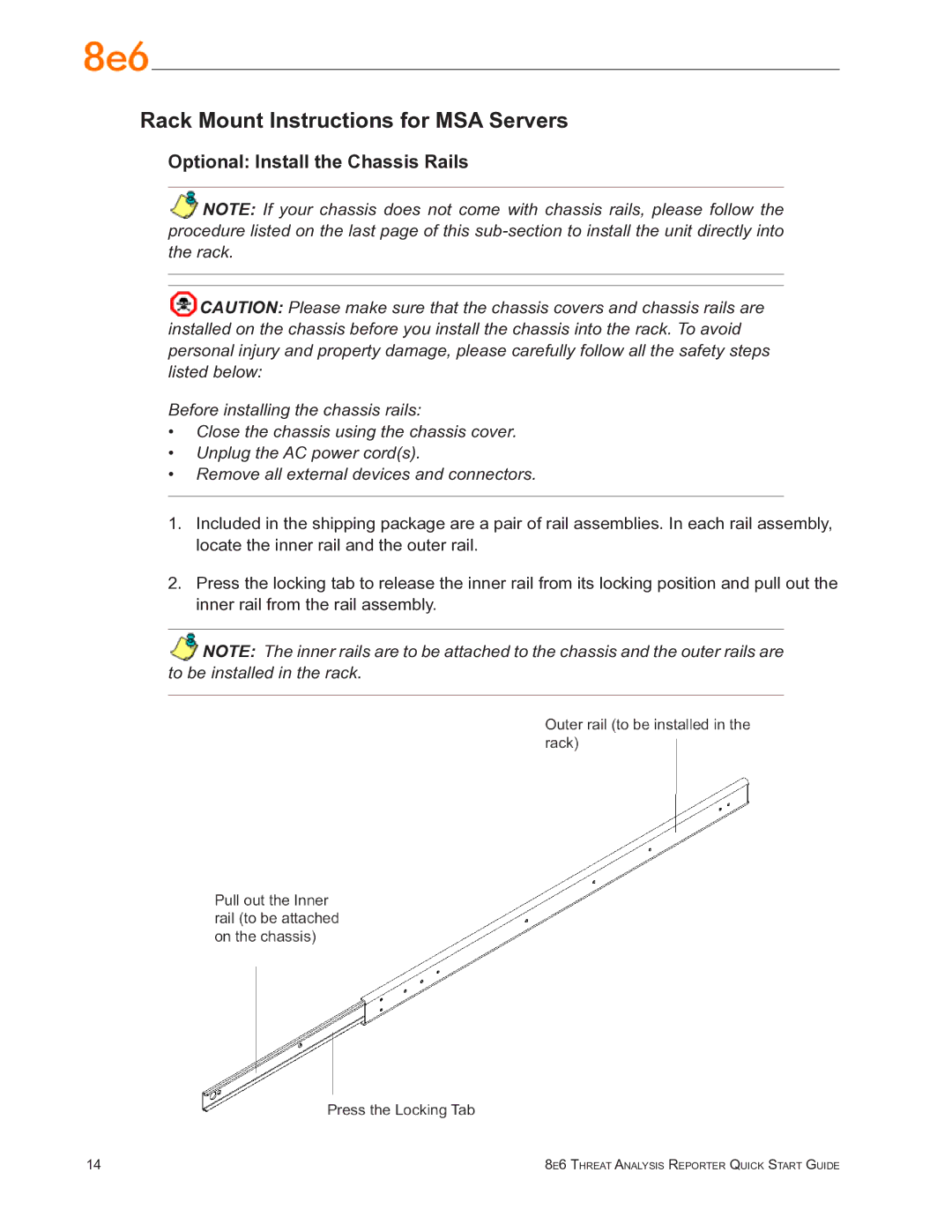 8e6 Technologies TAR quick start Rack Mount Instructions for MSA Servers, Optional Install the Chassis Rails 