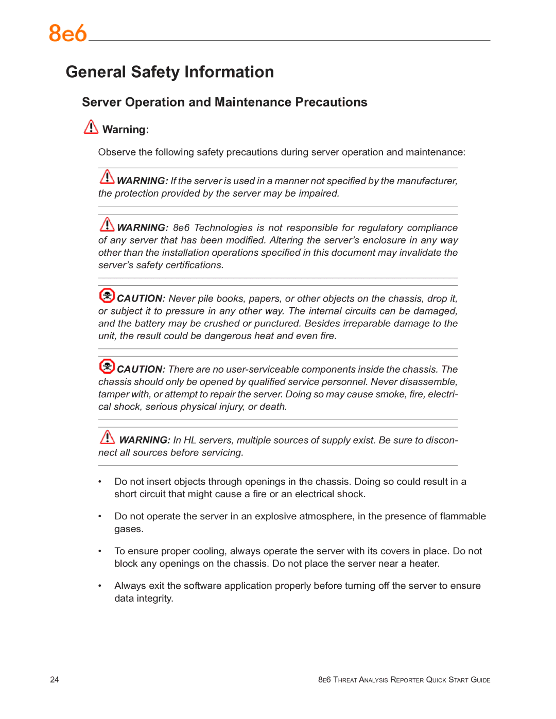 8e6 Technologies TAR quick start General Safety Information, Server Operation and Maintenance Precautions 