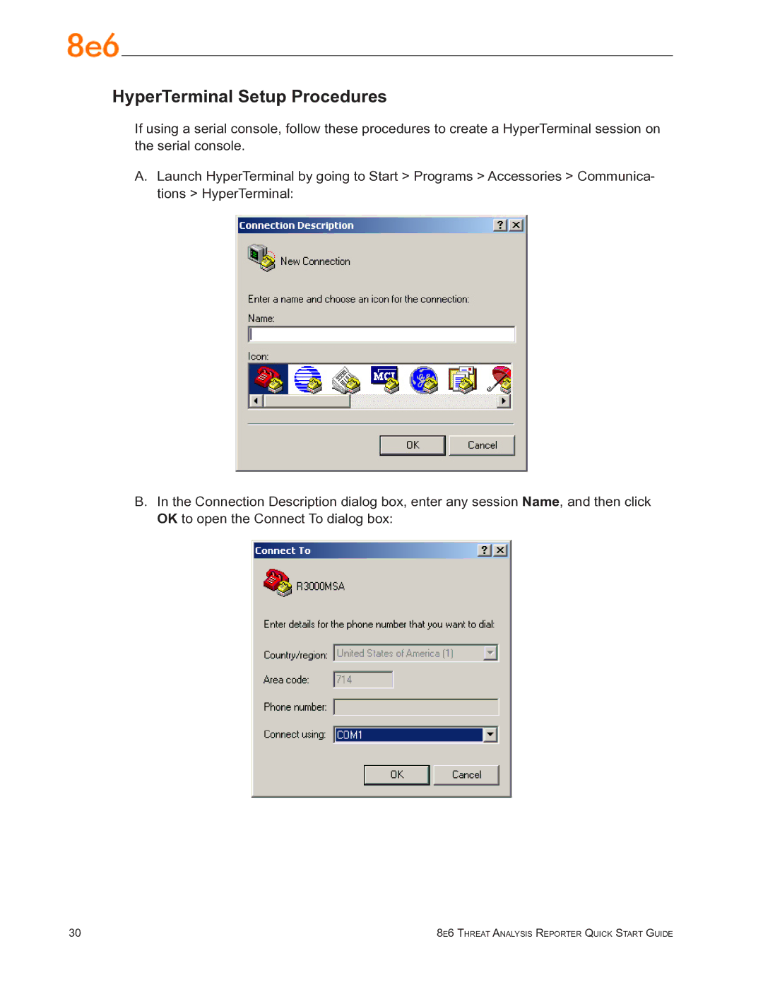 8e6 Technologies TAR quick start HyperTerminal Setup Procedures 