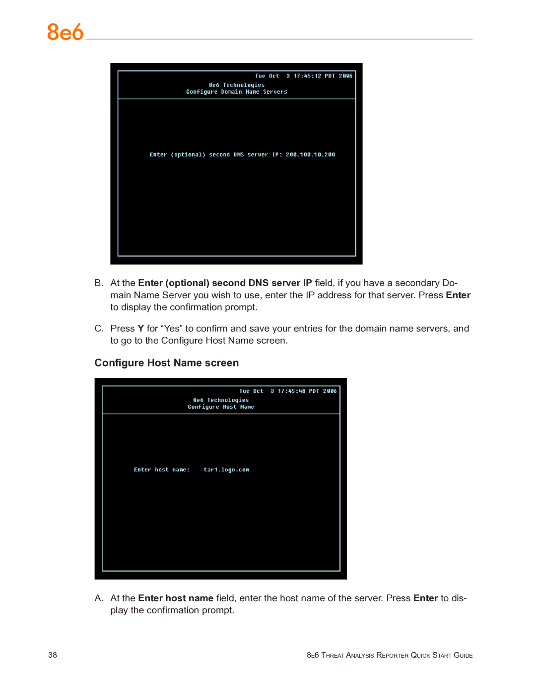 8e6 Technologies TAR quick start Configure Host Name screen 