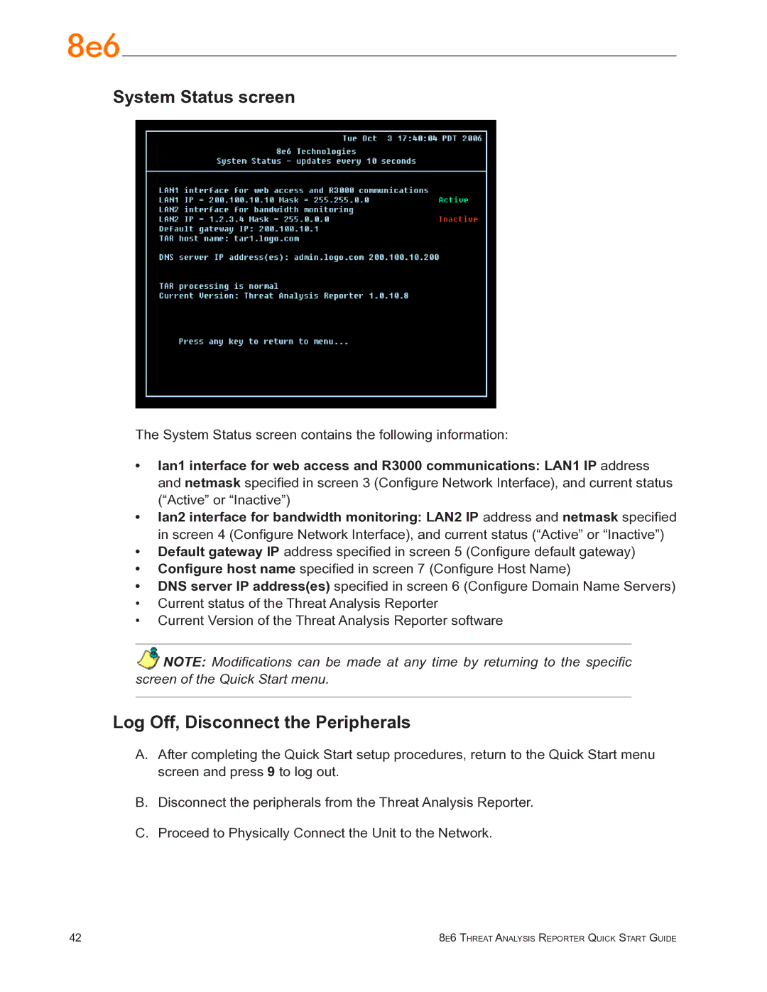 8e6 Technologies TAR quick start System Status screen, Log Off, Disconnect the Peripherals 