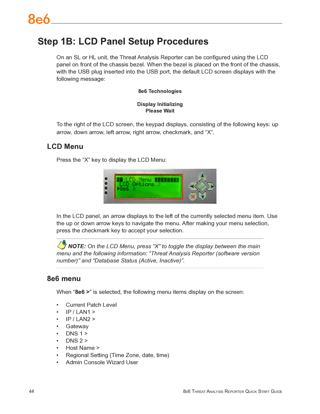 8e6 Technologies TAR quick start LCD Panel Setup Procedures, LCD Menu, 8e6 menu 