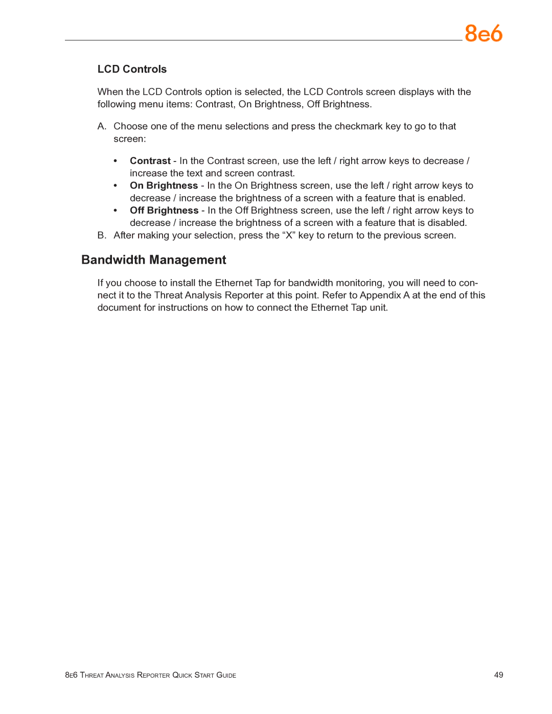 8e6 Technologies TAR quick start Bandwidth Management, LCD Controls 