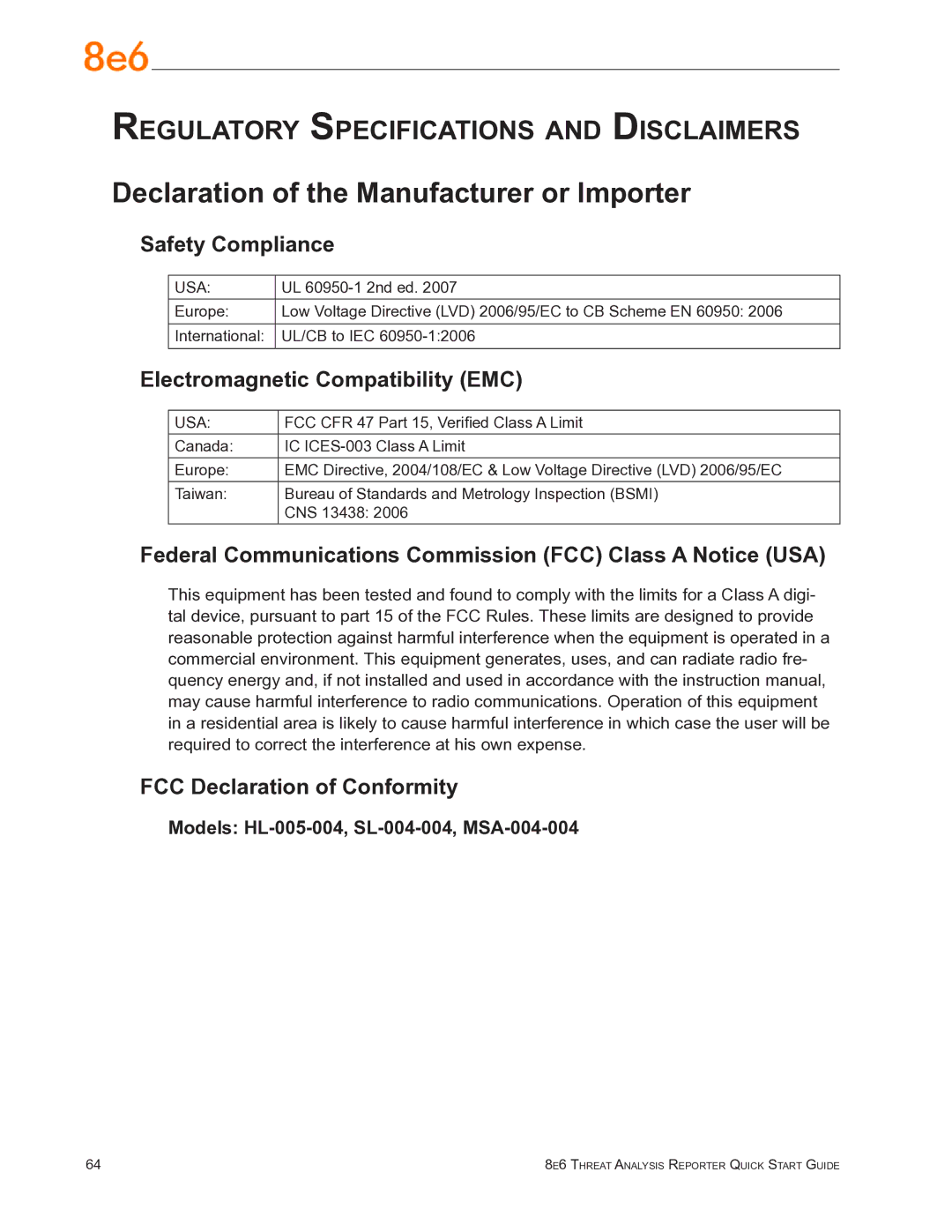 8e6 Technologies TAR Declaration of the Manufacturer or Importer, Safety Compliance, Electromagnetic Compatibility EMC 