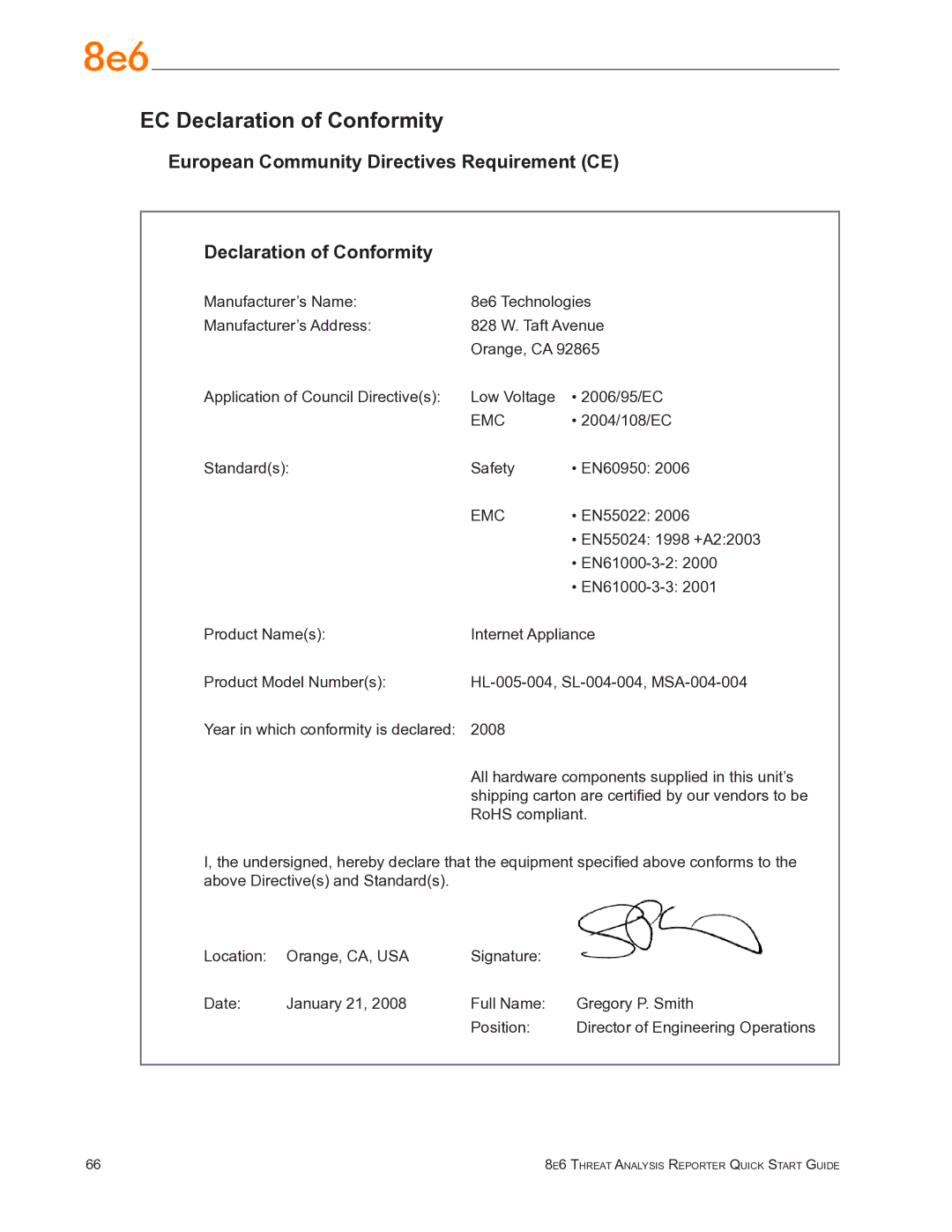 8e6 Technologies TAR quick start EC Declaration of Conformity 