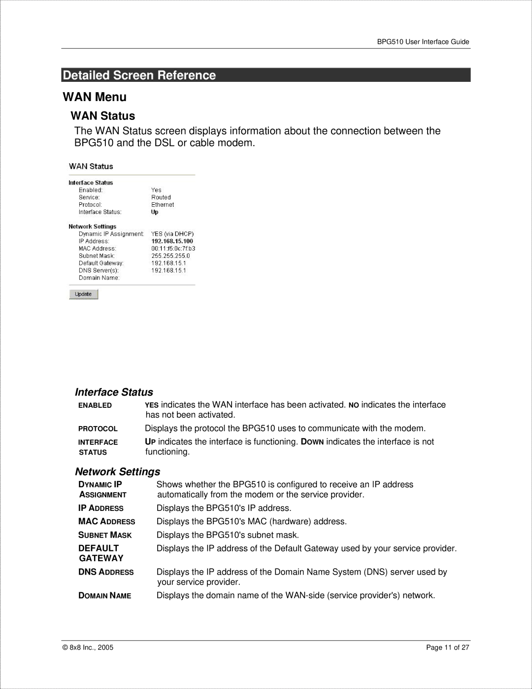 8x8 BPG510 manual Detailed Screen Reference, WAN Menu, WAN Status, Interface Status, Network Settings 