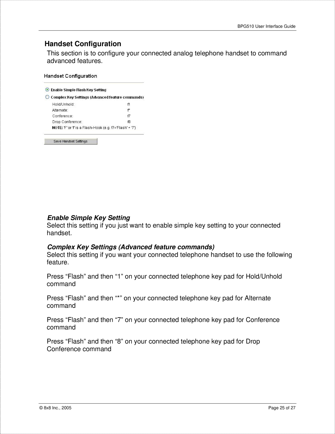 8x8 BPG510 manual Handset Configuration, Enable Simple Key Setting, Complex Key Settings Advanced feature commands 