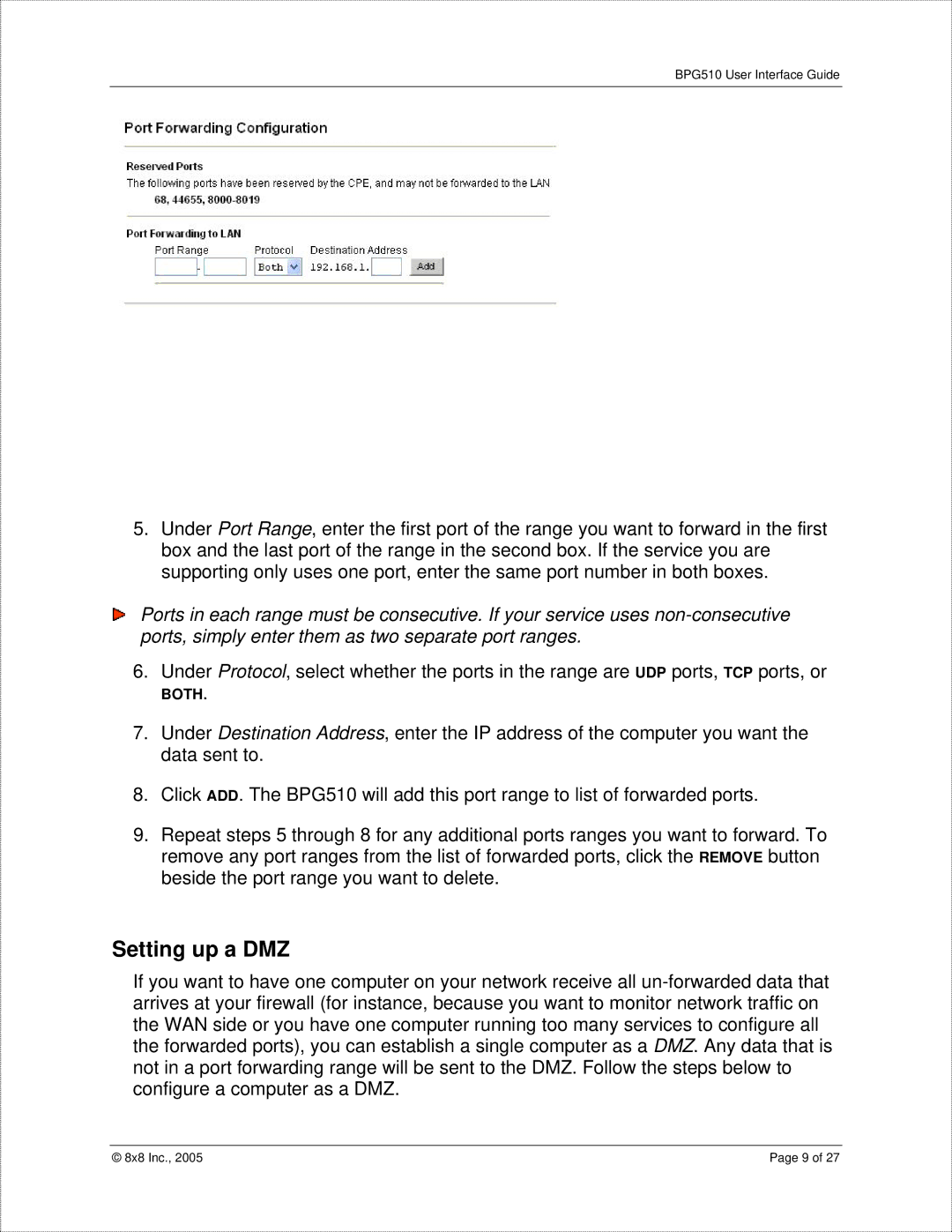 8x8 BPG510 manual Setting up a DMZ 