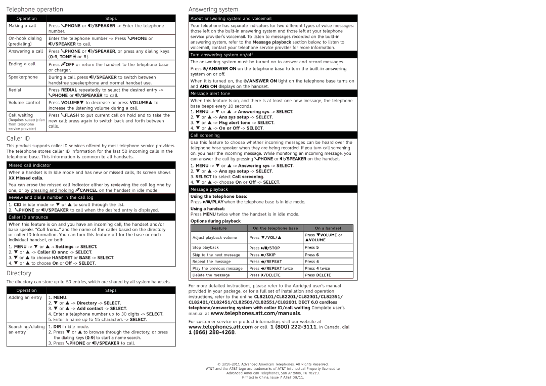 A & T International CL82201, CL82451, CL82401, CL82601, CL82351 Telephone operation, Caller ID, Directory, Answering system 