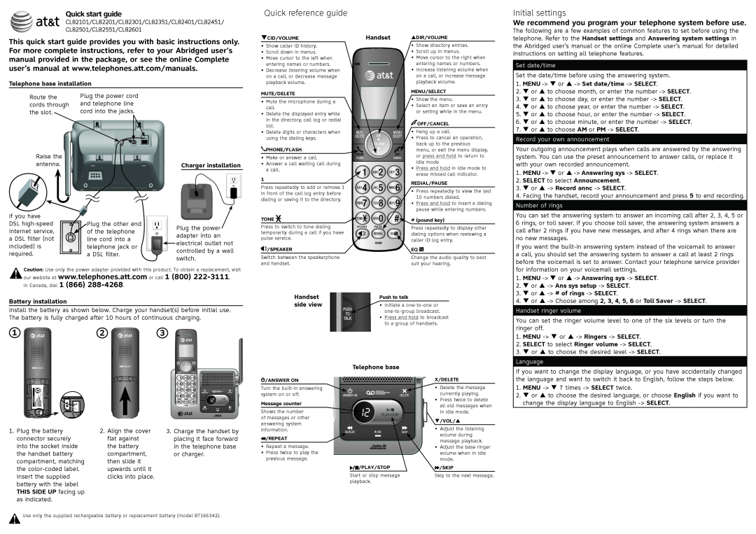 A & T International CL82401, CL82451, CL82201, CL82601 manual Quick reference guide, Initial settings, Quick start guide 