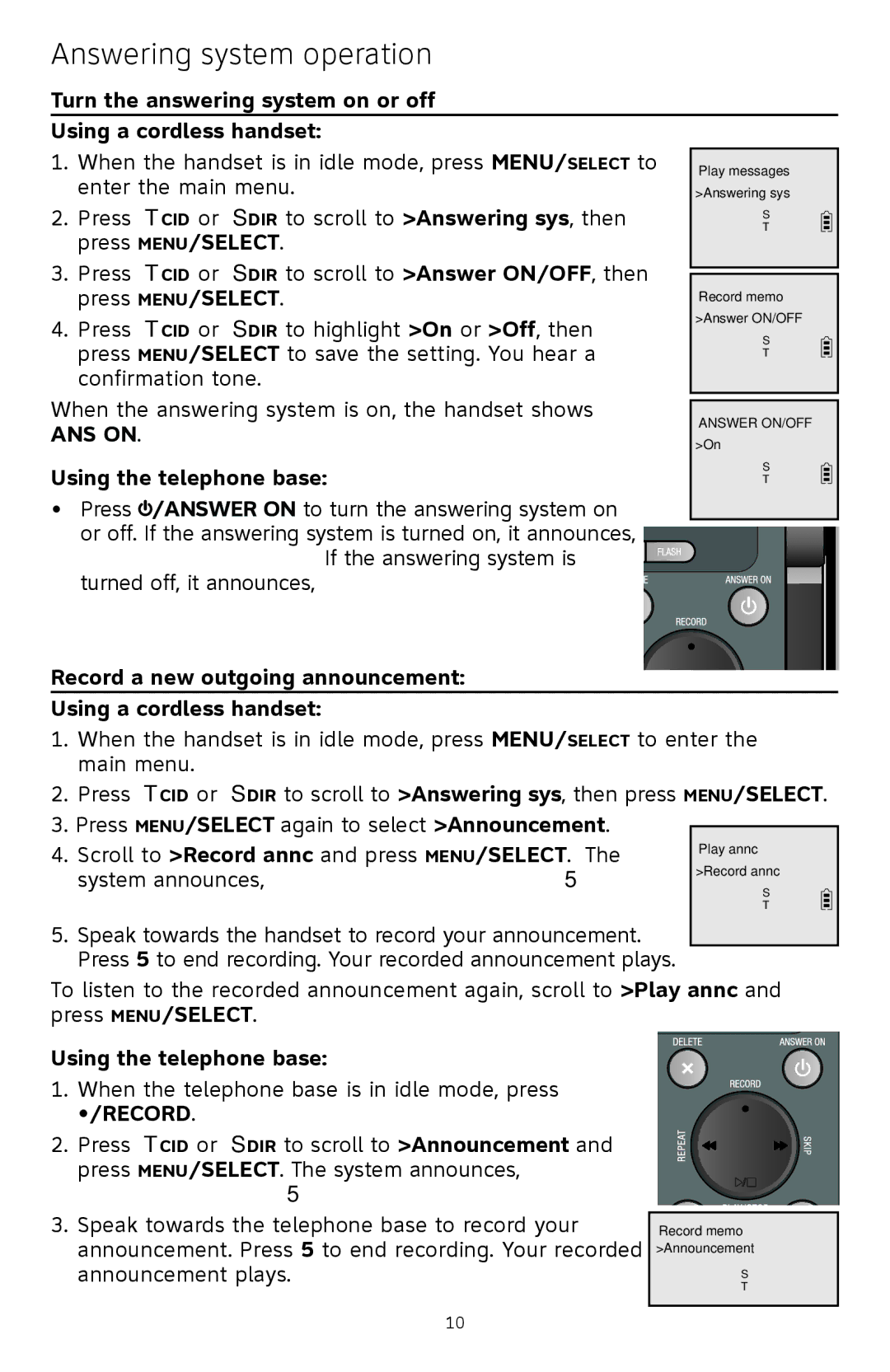 A & T International CL83101 manual Answering system operation, Record a new outgoing announcement Using a cordless handset 