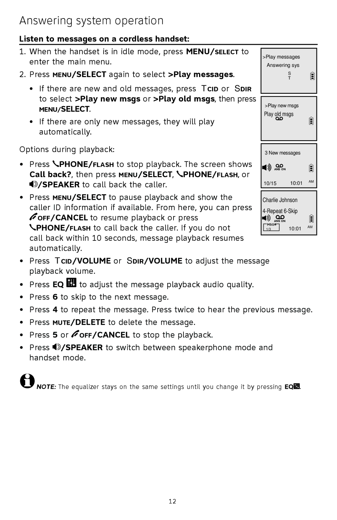 A & T International CL83351, CL83301, CL83201, CL83451, CL83401, CL83101 Listen to messages on a cordless handset, Menu/Select 