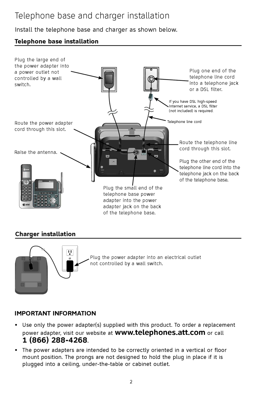 A & T International CL83451 Telephone base and charger installation, Telephone base installation, Charger installation 