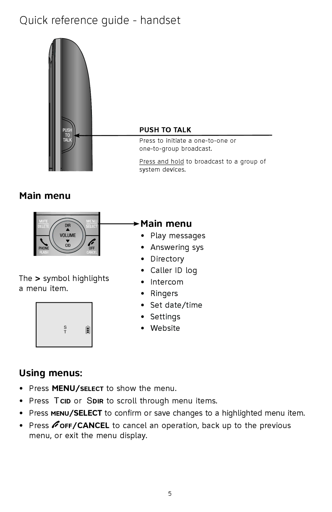 A & T International CL83301, CL83351, CL83201, CL83451, CL83401, CL83101 manual Main menu, Push to Talk 