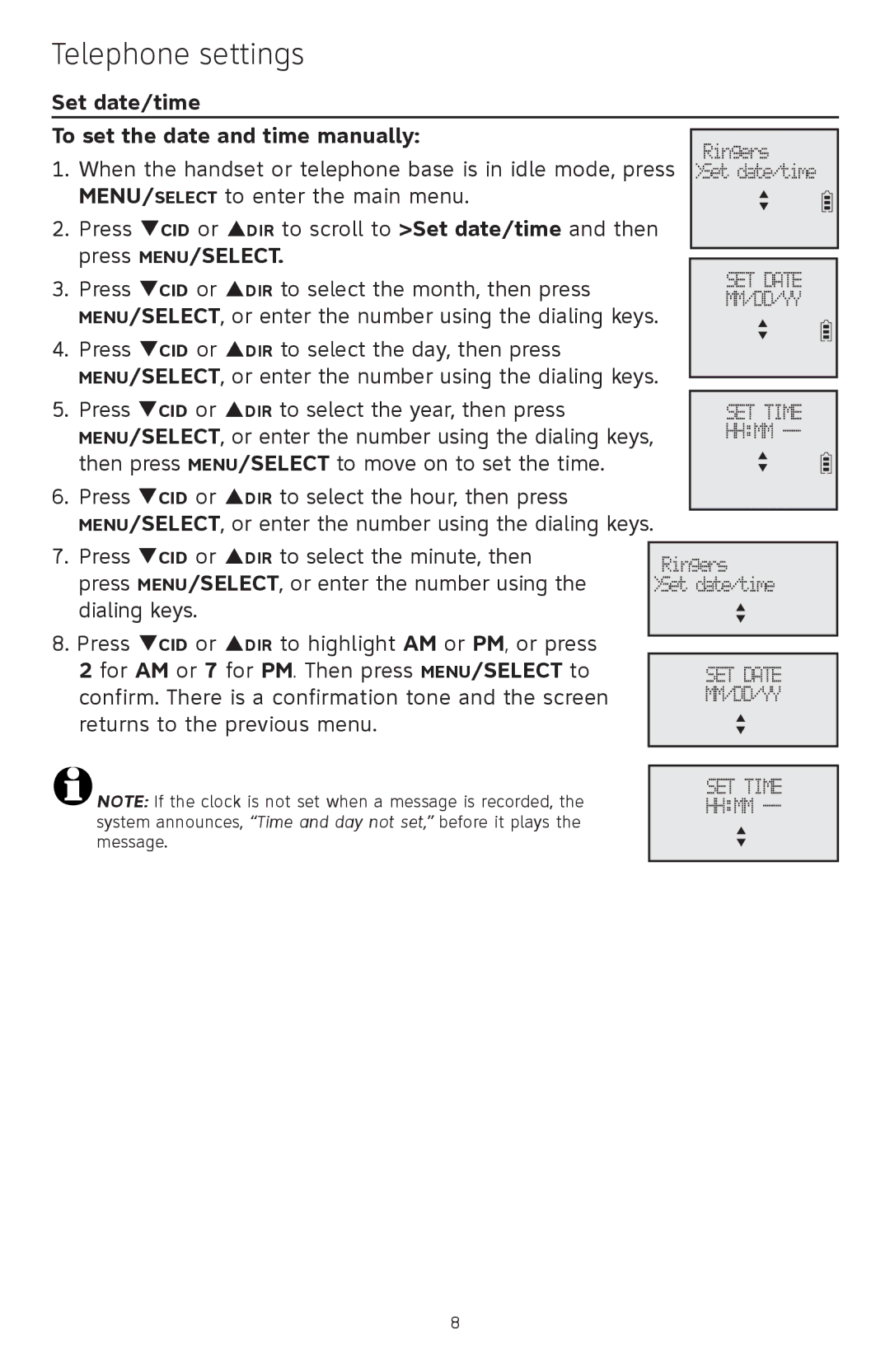 A & T International CL83451 Telephone settings, Set date/time To set the date and time manually, Press MENU/SELECT 