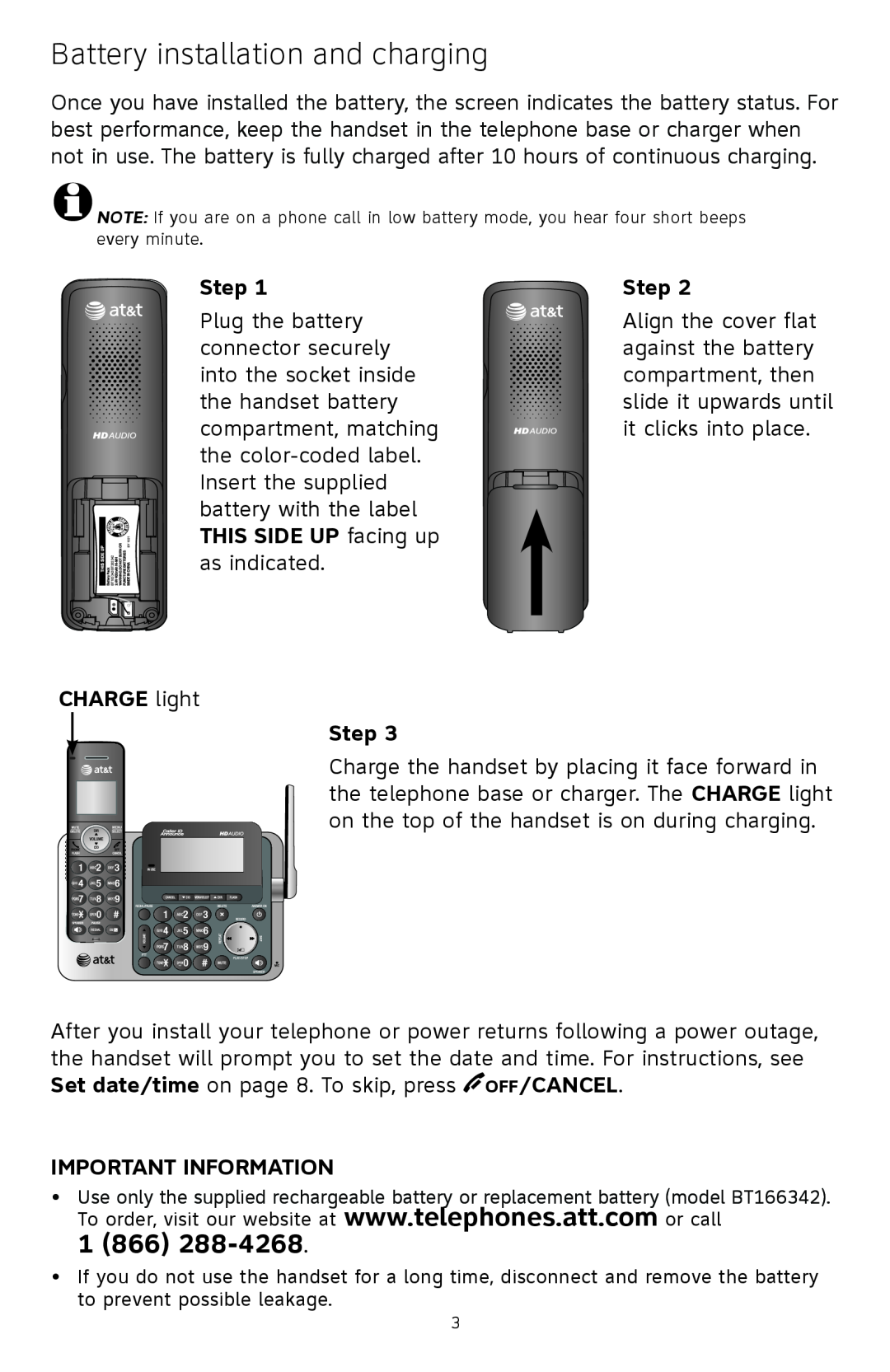 A & T International CL83401 manual Battery installation and charging, CHARGE light Step, 1 866, Important Information 