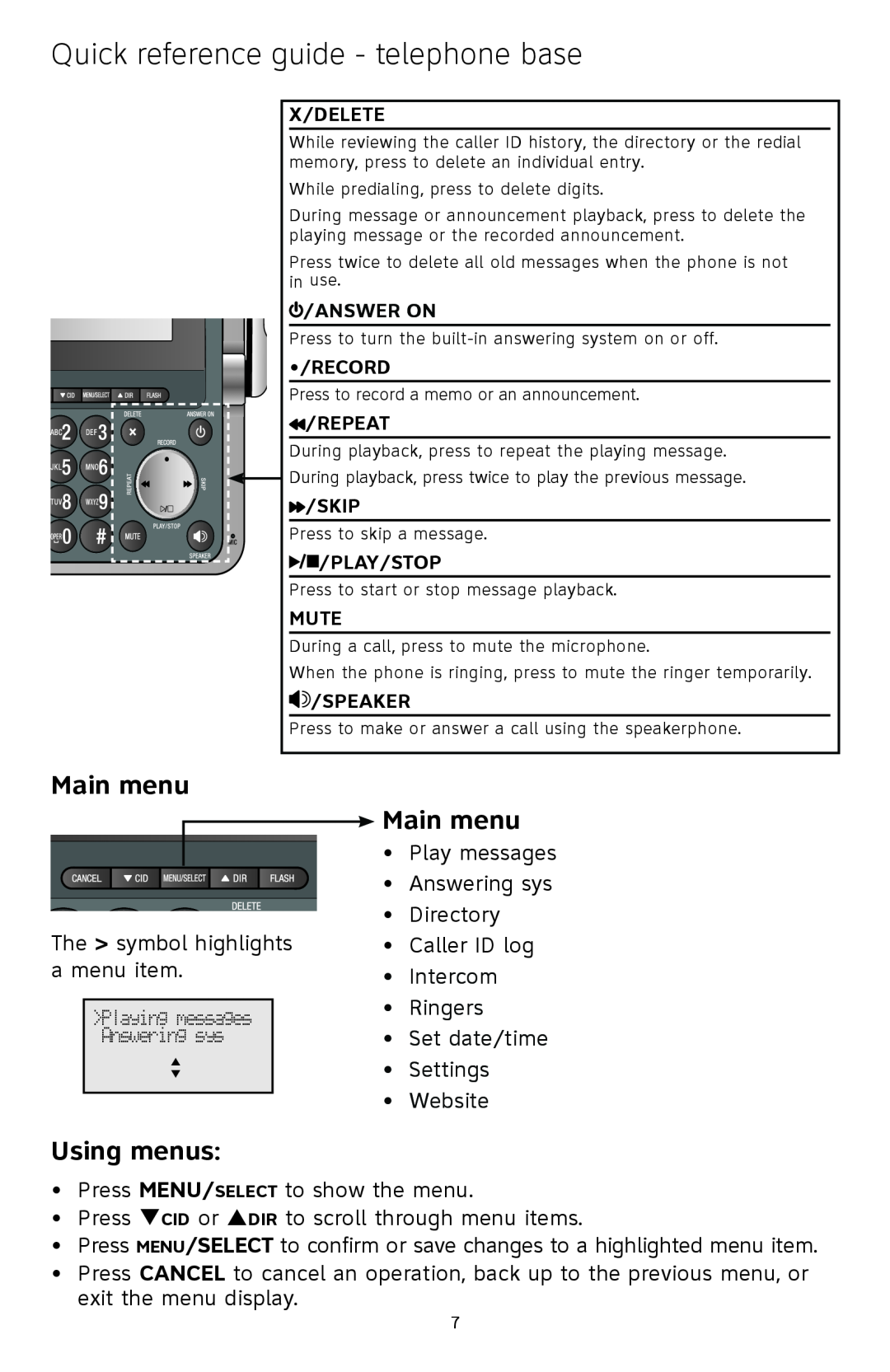 A & T International CL83201, CL83301 manual Quick reference guide - telephone base, Main menu, Using menus, Playing messages 