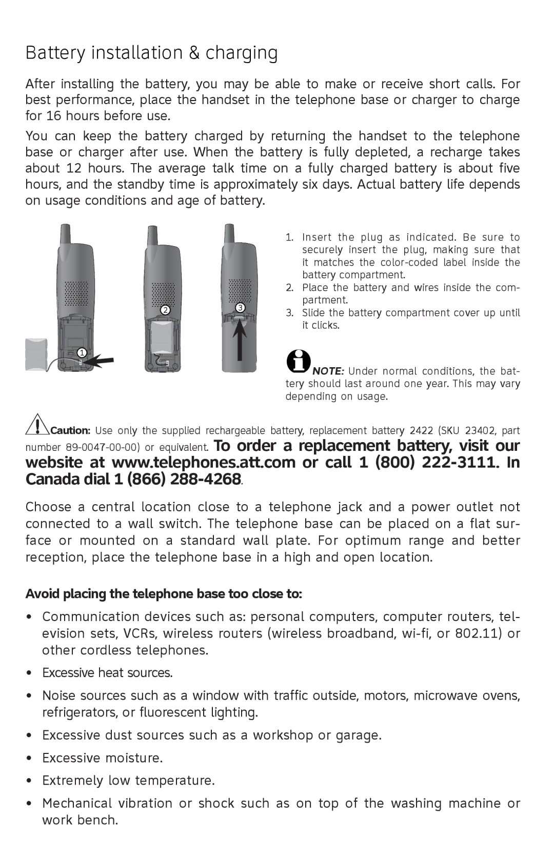 A & T International E5813B, E5814B, E5812B manual Battery installation & charging 