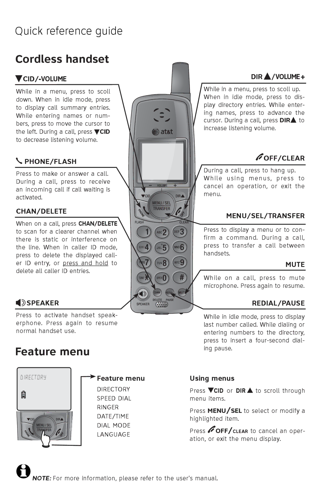 A & T International E5812B, E5814B, E5813B manual Cordless handset, Feature menu 