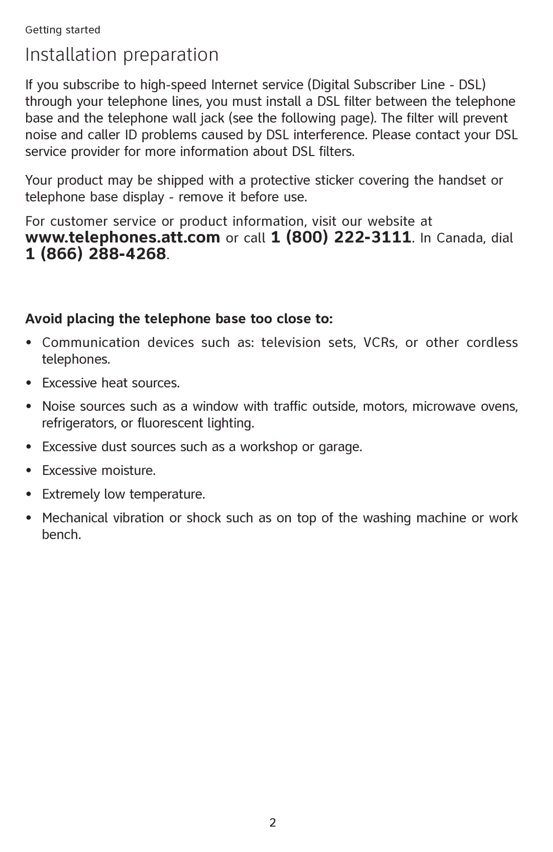 A & T International SL87218 manual Installation preparation, Avoid placing the telephone base too close to 