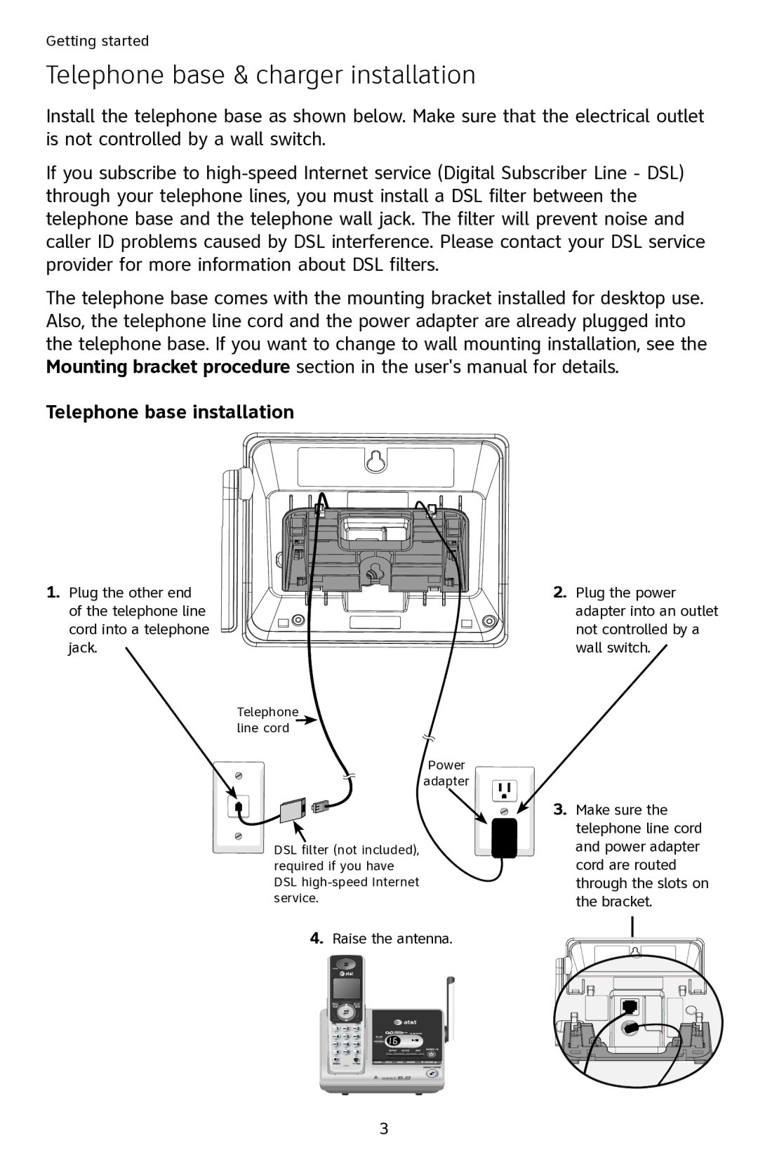 A & T International SL87218 manual Telephone base & charger installation, Telephone base installation 