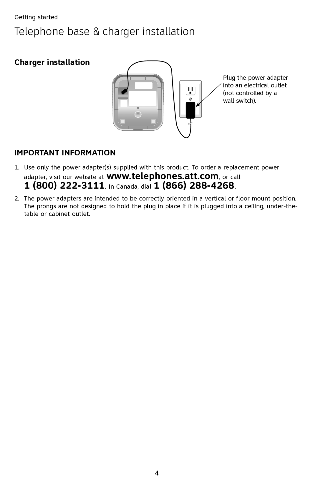 A & T International SL87218 manual 800 222-3111.In Canada, dial 1 866, Charger installation 