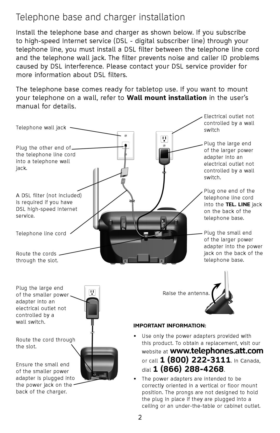 A & T International TL32350, TL32100, TL32250, TL32200 manual Telephone base and charger installation, Important Information 