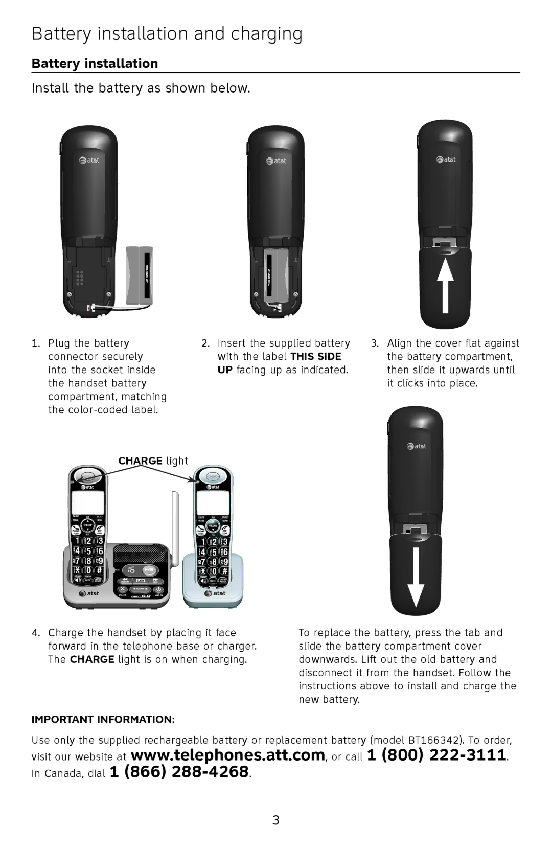 A & T International TL32300, TL32100, TL32250, TL32200, TL32350 manual Battery installation and charging, Charge light 